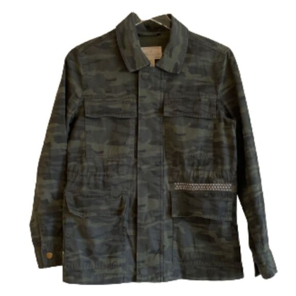 Caslon Nordstrom Camo Green Utility Jacket Zip Snap Closure Size S Petite - Picture 1 of 11